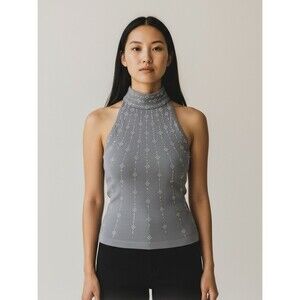 Vintage St. John Gray Embellished Halter Strappy Tank Top